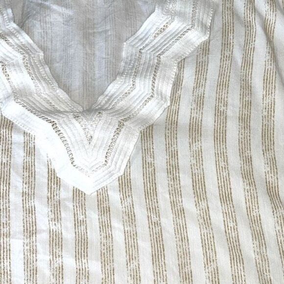 Hem & Thread Womens Striped Top Blouse V Neck Ruffle Cap Sleeve Tie Beige Small - Picture 5 of 9